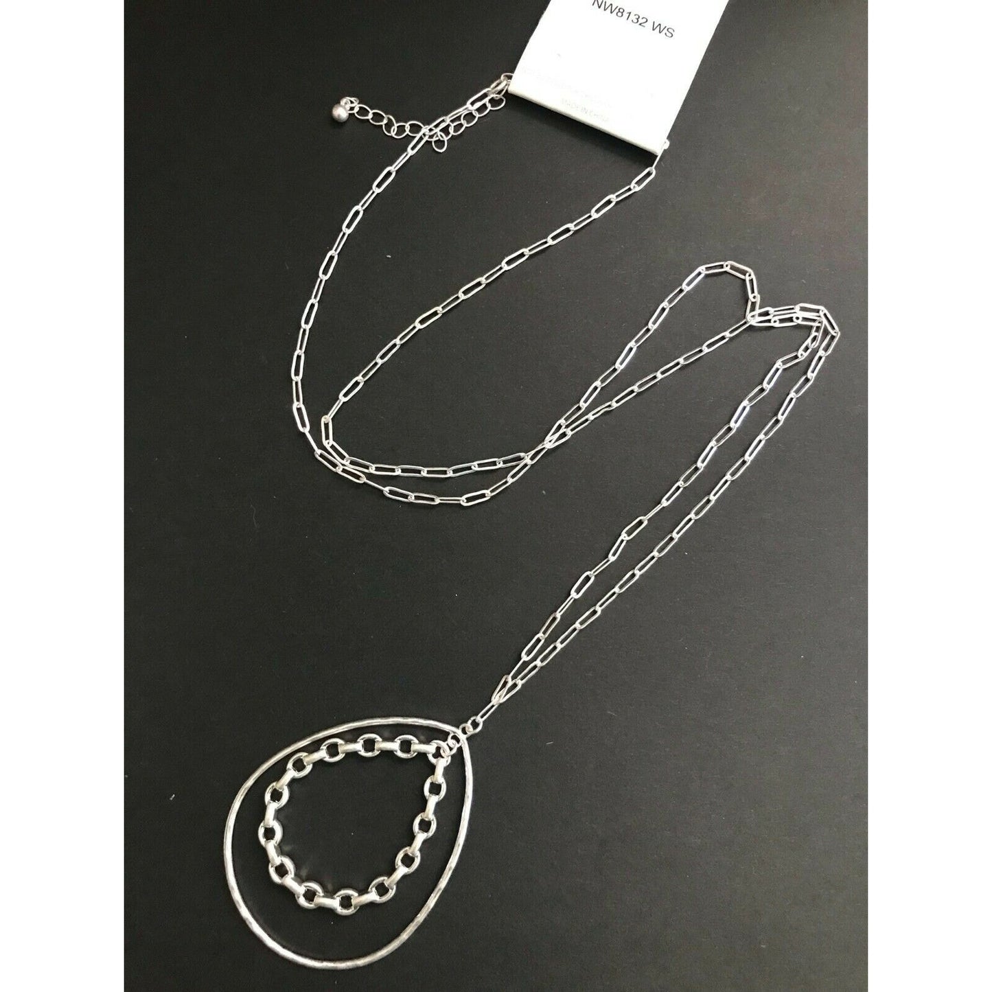 FASHION JEWELRY PEAR SHAPE PENDANT SILVERTONE LONG NECKLACE