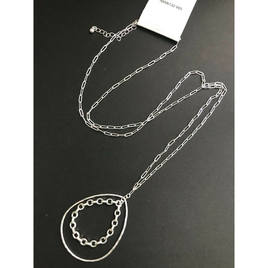 FASHION JEWELRY PEAR SHAPE PENDANT SILVERTONE LONG NECKLACE