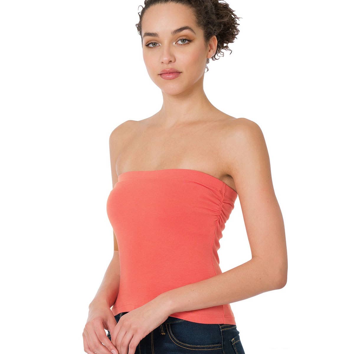 WOMEN'S CASUAL STRAPLESS BANDEAU COTTON TUBE TOP BUILT-IN LAYER BRA CORAL