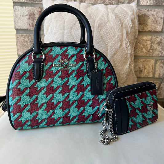 COACH Sydney Satchel With Houndstooth Print with Zip Card Wallet