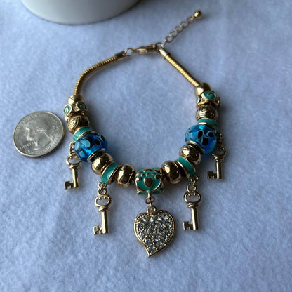 GOLD BLUE RESIN BEADS HEART AND KEY CRYSTAL FASHION CHARM BRACELET