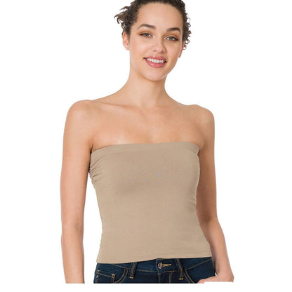 ZENANA WOMEN'S CASUAL STRAPLESS BANDEAU COTTON TUBE BUILT-IN BRA TOP MOCHA