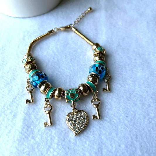 GOLD BLUE RESIN BEADS HEART AND KEY CRYSTAL FASHION CHARM BRACELET