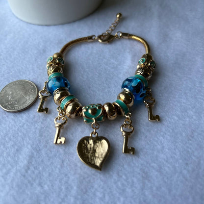 GOLD BLUE RESIN BEADS HEART AND KEY CRYSTAL FASHION CHARM BRACELET