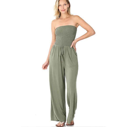 ZENANA WOMEN'S SMOCKED TUBE TOP JUMPSUIT LIGHT OLIVE