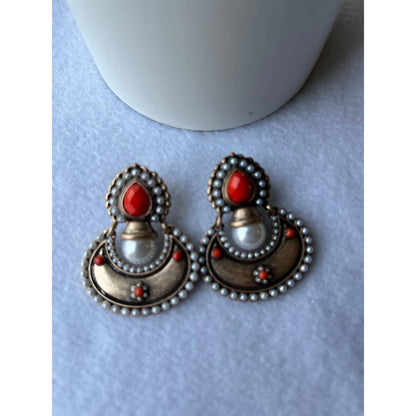 FASHION WOMEN ANTIQUE GOLD-TONE CORAL AND PEARL STUD EARRINGS NWT