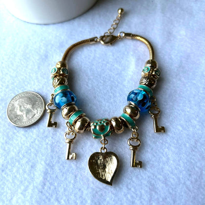 GOLD BLUE RESIN BEADS HEART AND KEY CRYSTAL FASHION CHARM BRACELET