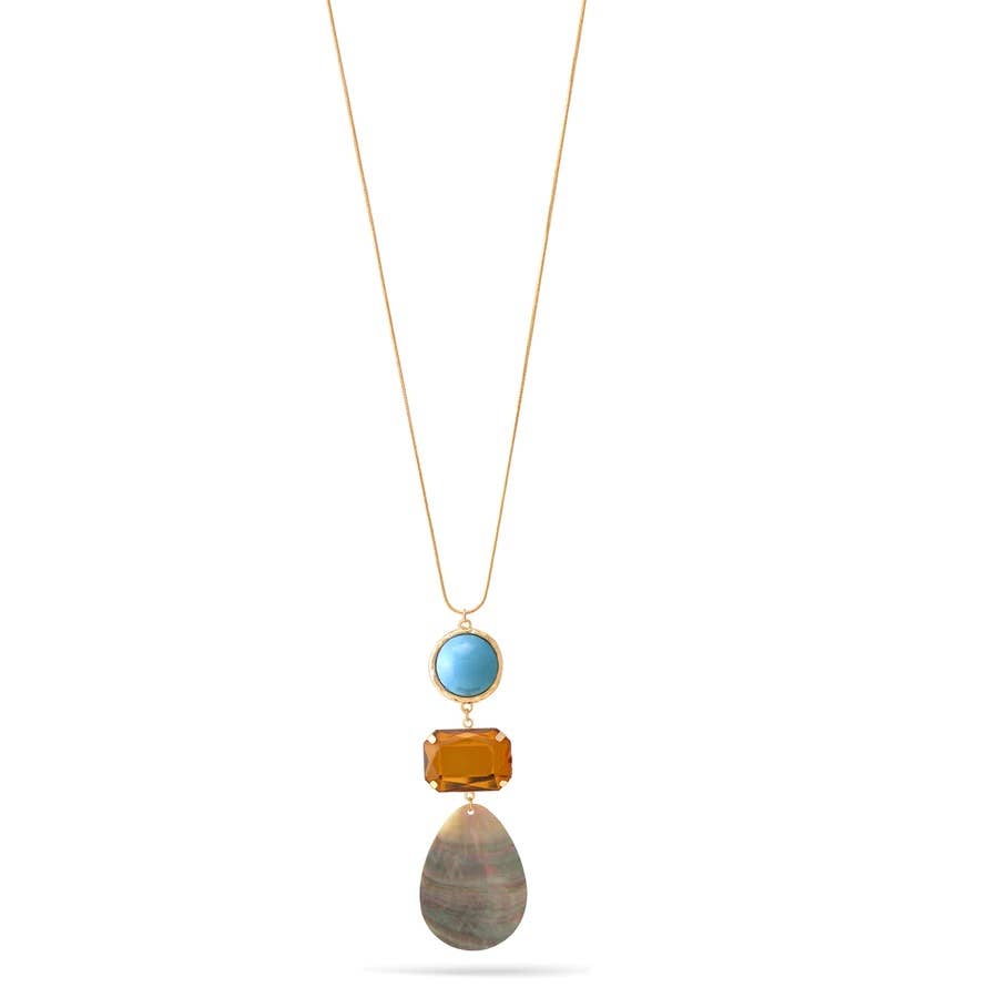 WOMENS FAUX TURQUOISE CITRINE AND MOTHER OF PEARL PENDANT NECKLACE