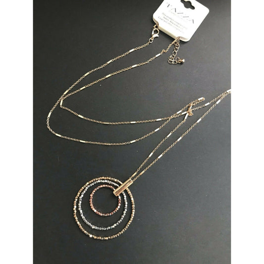 FASHION JEWELRY TRI TONE ROUND PENDANT LONG CHAIN NECKLACE