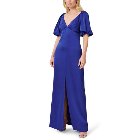 Aidan Mattox Puffed Sleeve Satin Evening Gown Saphire Blue Size 4