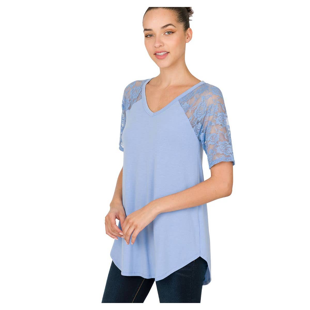 Women's Plus Lace Detail Short Sleeve V-Neck Top