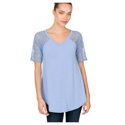 Women's Plus Lace Detail Short Sleeve V-Neck Top