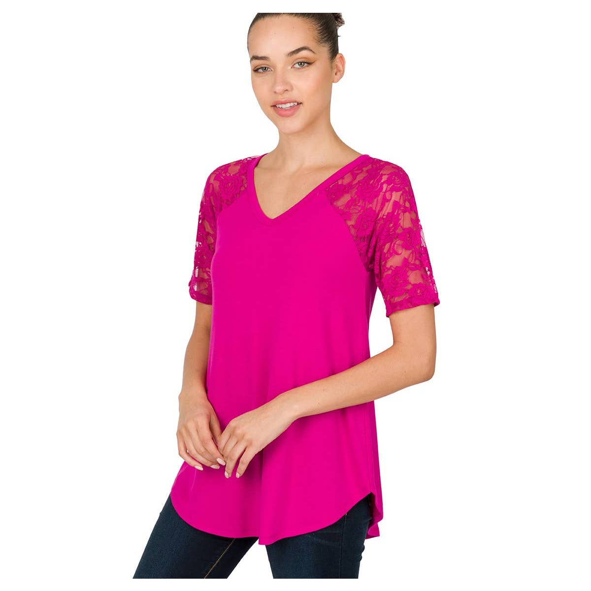 Women Plus Lace Detail Short Sleeve Top Magenta